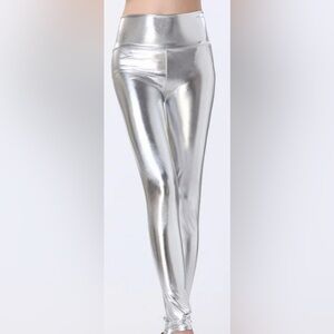 Sakkas Size LARGE Metallic Silver High-Waist Leggings